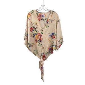 Hummingbird Womens Floral Kimono Top Tie Hem V-Neck Multicolor Size Medium